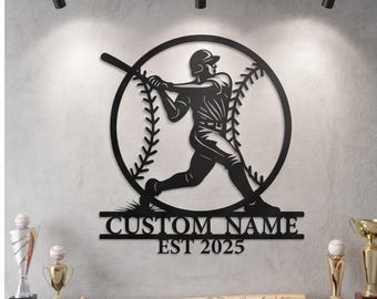 Regalo personalizzato, silhouette in metallo di un giocatore di baseball per la decorazione della cameretta, decorazione murale in metallo, regalo di compleanno per lui, decorazione murale sportiva per ragazzi