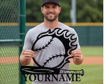 Letrero metálico personalizado de béisbol, decoración de pared con bate en llamas, arte deportivo personalizado, regalo para la cueva del hombre