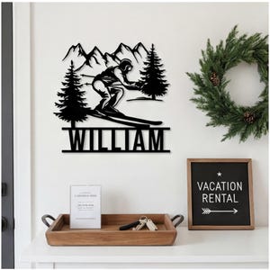 Personalized Skiing Metal Sign, Mountain Lodge Wall Art, Custom Name Hanging Decor, Winter Sports Gift, Rustic Cabin Decor, Ski Athlete
