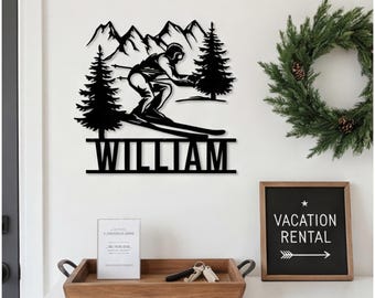 Targa in metallo personalizzata per lo sci, decorazione da parete per baita di montagna, decorazione da appendere con nome personalizzato, regalo per sport invernali, decorazione rustica per baita, atleta di sci
