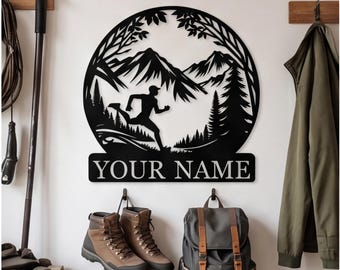 Personalisiertes Bergspur-Laufmetallschild, individuelle Läufernamenwandkunst, rustikales Outdoor-Sportdekor, einzigartiges Geschenk für Hinterläufer