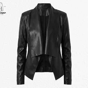 May include: A black leather jacket with a draped collar. The jacket features long sleeves and a tailored fit. The North Layer Jackets Store logo is in the upper left corner. A stylish outerwear garment.