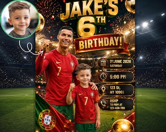 May include: A birthday invitation featuring a photo of a boy and a soccer player. The invitation has gold text that reads "Jake's 6th Birthday!" with event details. A soccer ball and fireworks are also featured.