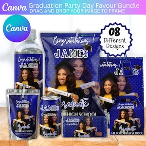May include: A graduation party favor bundle featuring a photo of a graduate. The bundle includes a water bottle, chip bag, gift bag, candy bar, and other items. The items are blue and white with the graduate's name and the word "Graduate".