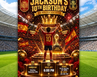 Spain Soccer Birthday Invitation, Spain Football Party Invite, Personalized Spain Birthday Invitation, Custom Soccer Celebration Invite