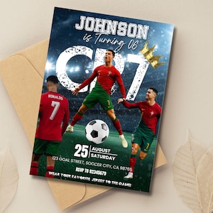 May include: A soccer-themed invitation with a stadium background. The invitation features a soccer player in a red and green uniform, a soccer ball, and the text "JOHNSON is Turning 06". The date is August 25th.