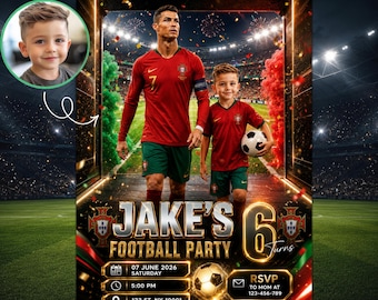 May include: A personalized football party invitation featuring a photo of a young boy. The invitation includes the text "JAKE'S FOOTBALL PARTY" and details for the event, including the date, time, and location. The design incorporates a soccer theme.