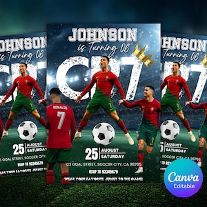 May include: Soccer-themed birthday party invitation featuring a soccer player in a red and green uniform. The invitation includes the text "Johnson is Turning 06" and "CR7", along with event details and a soccer ball graphic.