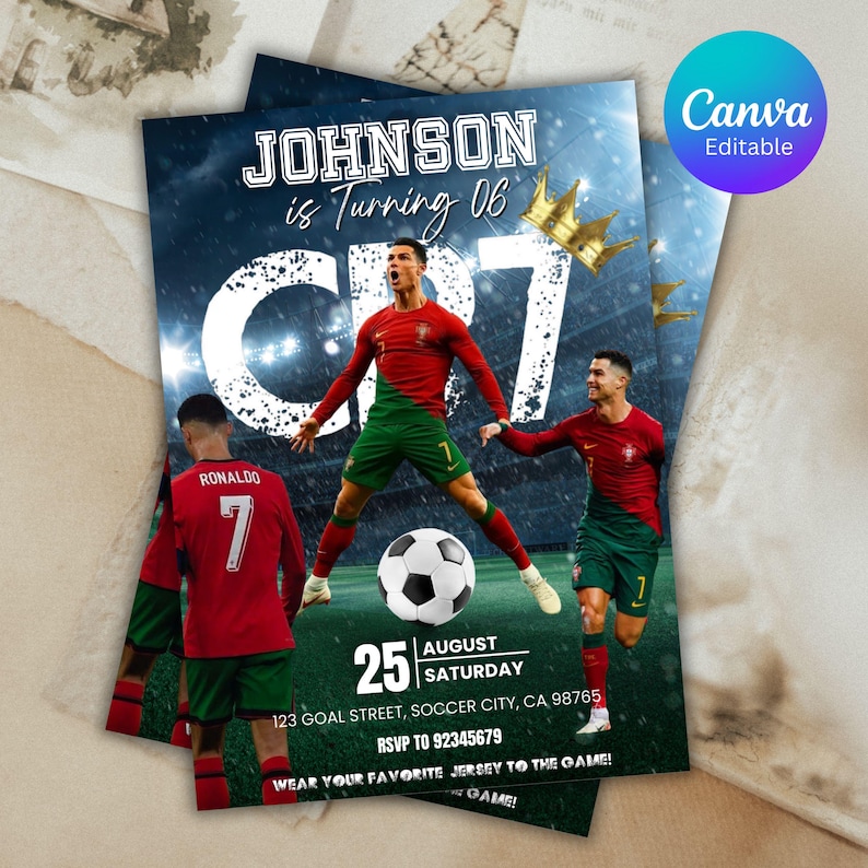 May include: Soccer-themed birthday invitation featuring a soccer player in a red and green uniform. The invitation includes the text "JOHNSON is Turning 06" and "CR7", along with event details and the Canva Editable logo.