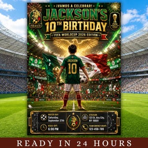 May include: A digital birthday invitation poster featuring a child in a green and white soccer jersey with the number 10, holding a gold trophy on a stadium field. Text includes Jackson's 10th Birthday, FIFA Worldcup 2026 Edition, and event details.