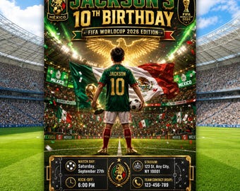 May include: A digital birthday invitation poster featuring a child in a green and white soccer jersey with the number 10, holding a gold trophy on a stadium field. Text includes Jackson's 10th Birthday, FIFA Worldcup 2026 Edition, and event details.