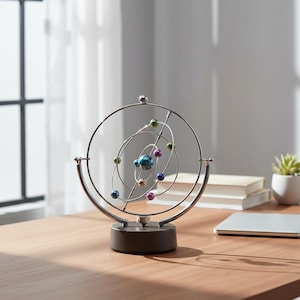 May include: A silver-colored, kinetic orbital model with colorful spheres representing planets. The model sits on a brown base and is displayed on a wooden desk. The background includes a window and a small potted plant.