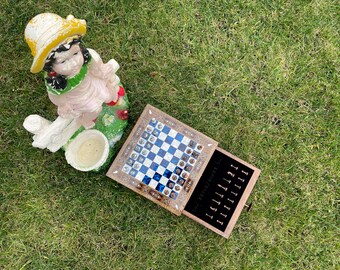 Handmade Blue Board w/ Genuine Pearl, Metal Medieval Crusader Chess Pieces, Christmas Gift, Chessboard