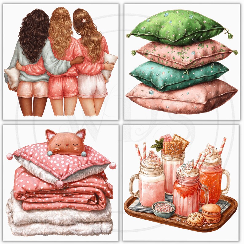 Watercolor Slumber Party Clipart: Friends Sleepover Graphics (56 Pngs ...