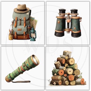 K&ouml;nnte beinhalten: Aquarellillustration von Camping- und Wanderzubeh&ouml;r. Enth&auml;lt einen Rucksack mit Hut, Karte und Laterne, ein Fernglas, eine gr&uuml;n-goldene Taschenlampe und einen Holzstapel.