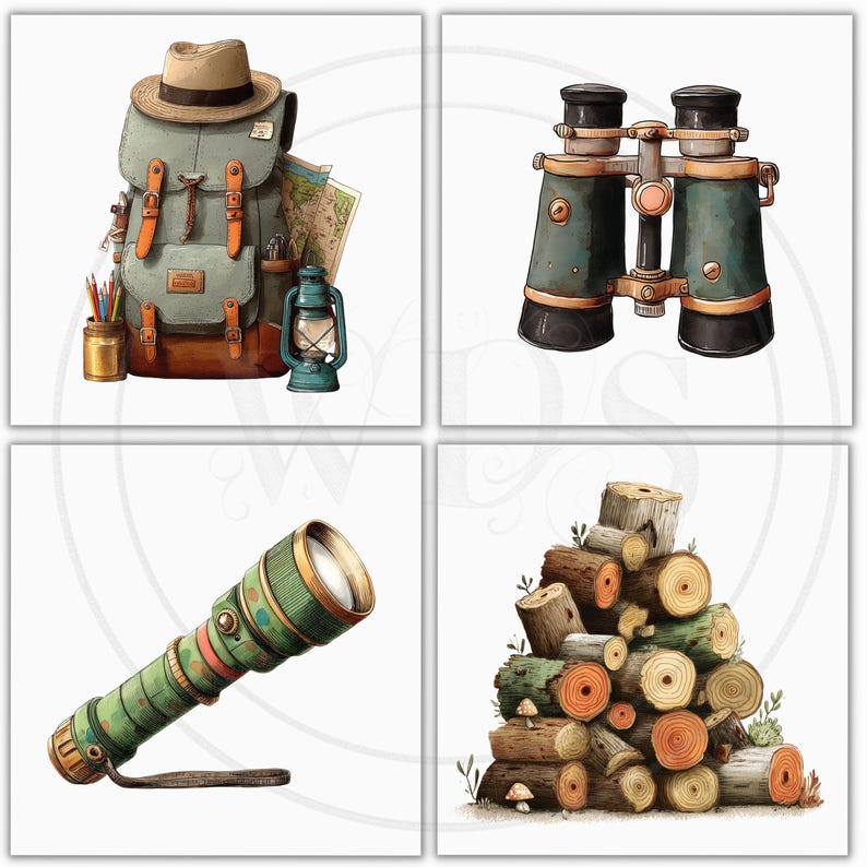 K&ouml;nnte beinhalten: Aquarellillustration von Camping- und Wanderzubeh&ouml;r. Enth&auml;lt einen Rucksack mit Hut, Karte und Laterne, ein Fernglas, eine gr&uuml;n-goldene Taschenlampe und einen Holzstapel.