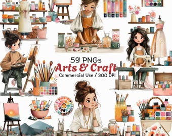 Könnte beinhalten: Digitales Kunstbild mit mehreren Illustrationen von Frauen, die sich mit verschiedenen Kunsthandwerken beschäftigen. Das Bild enthält Staffeleien, Farbpaletten, Nähmaschinen und Gläser mit bunten Materialien. Der Text lautet "59 PNGs Arts & Craft Commercial Use / 300 DPI."