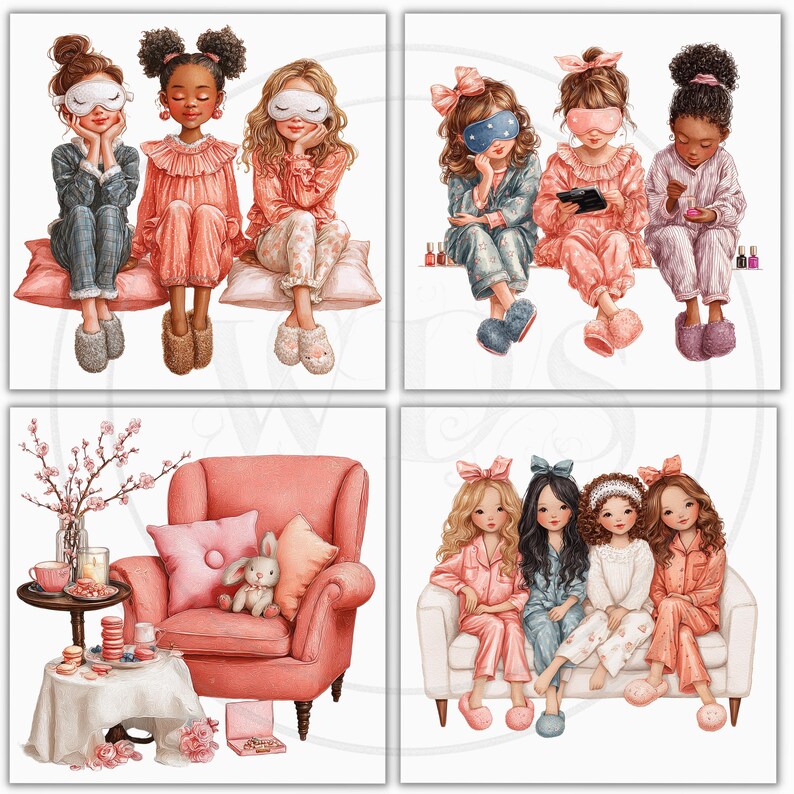 Watercolor Slumber Party Clipart: Friends Sleepover Graphics (56 Pngs ...
