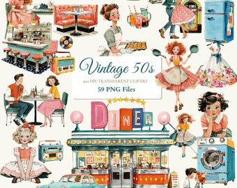 May include: A collection of 1950s-themed digital illustrations featuring a diner building, a light blue car, various people in period clothing, kitchen appliances, furniture, and food items, with the text Vintage 50s 300 DPI TRANSPARENT CLIPART 59 PNG Files.