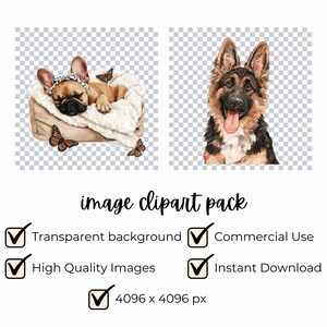 May include: Image clipart pack featuring a sleeping French Bulldog in a bed with butterflies and a German Shepherd. The pack includes transparent backgrounds, high-quality images, commercial use, and instant download. The image size is 4096 x 4096 px.