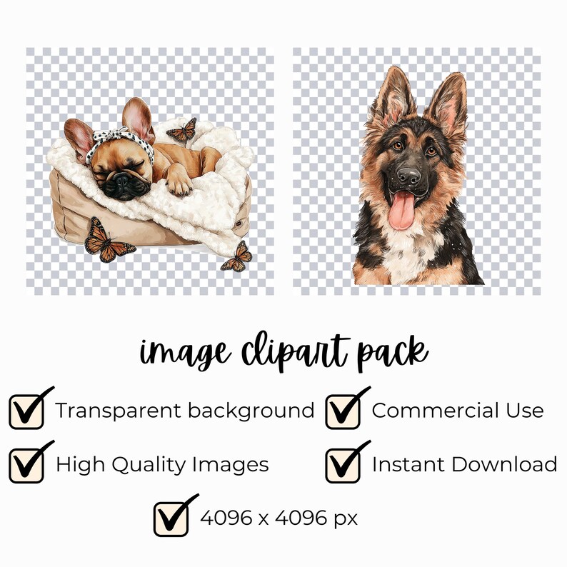 May include: Image clipart pack featuring a sleeping French Bulldog in a bed with butterflies and a German Shepherd. The pack includes transparent backgrounds, high-quality images, commercial use, and instant download. The image size is 4096 x 4096 px.