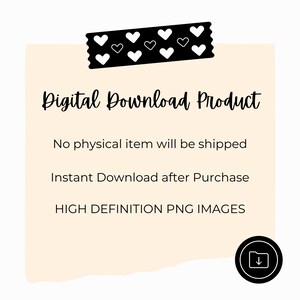 K&ouml;nnte beinhalten: Ank&uuml;ndigung eines digitalen Download-Produkts auf cremefarbenem Hintergrund. Der Text lautet "Digital Download Product" mit Details zu Sofort-Downloads und hochaufl&ouml;senden PNG-Bildern. Ein schwarz-wei&szlig;es Herzmusterband und ein Download-Symbol sind ebenfalls vorhanden.