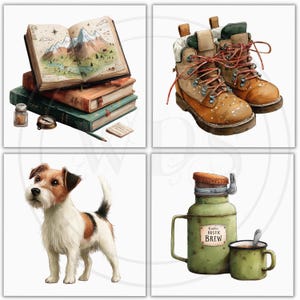 K&ouml;nnte beinhalten: Aquarellillustrationen von Outdoor-Abenteuerartikeln. Enth&auml;lt einen Stapel B&uuml;cher mit einer Berglandschaft, Wanderstiefel, einen Hund und eine gr&uuml;ne Thermoskanne mit einer Tasse mit der Aufschrift "Rustic Brew".