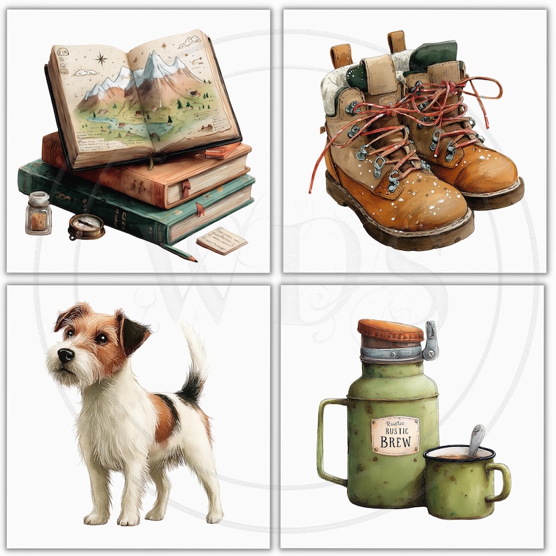 K&ouml;nnte beinhalten: Aquarellillustrationen von Outdoor-Abenteuerartikeln. Enth&auml;lt einen Stapel B&uuml;cher mit einer Berglandschaft, Wanderstiefel, einen Hund und eine gr&uuml;ne Thermoskanne mit einer Tasse mit der Aufschrift "Rustic Brew".