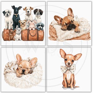 May include: Watercolor illustrations of dogs. One image shows a group of various dog breeds on a brown travel bag. Other images feature a sleeping French Bulldog in a cozy bed and a Chihuahua wearing a bow tie.