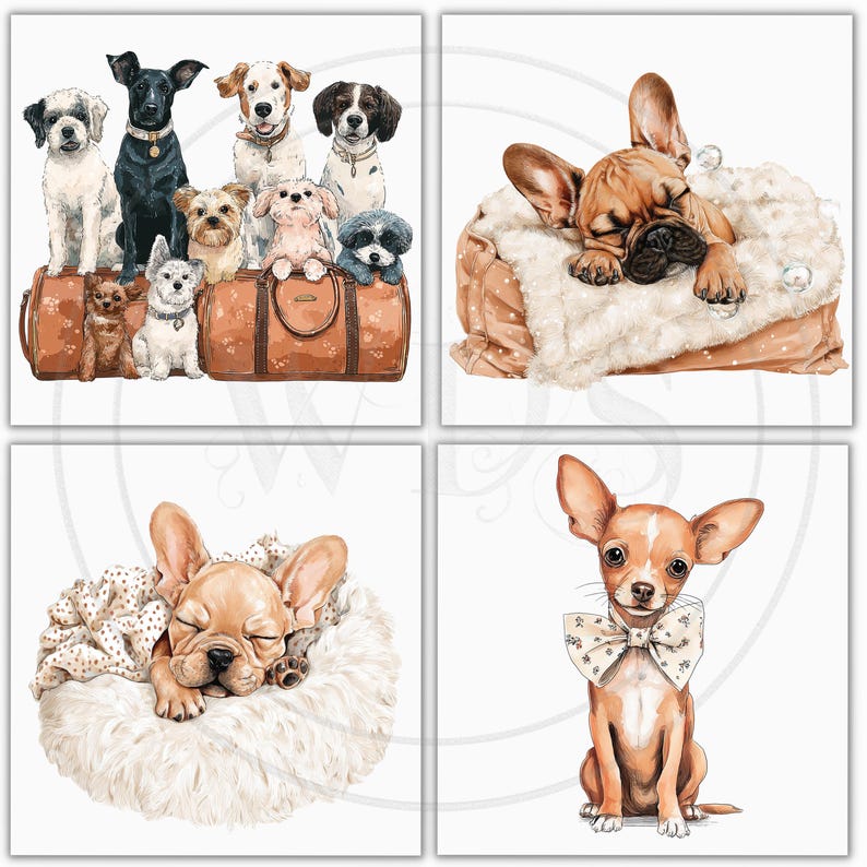 May include: Watercolor illustrations of dogs. One image shows a group of various dog breeds on a brown travel bag. Other images feature a sleeping French Bulldog in a cozy bed and a Chihuahua wearing a bow tie.