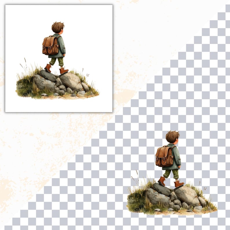 K&ouml;nnte beinhalten: Aquarellillustration eines Kindes mit braunem Rucksack, gr&uuml;ner Jacke und braunen Stiefeln, das auf Felsen geht. Das Kind ist von hinten zu sehen, mit Gras und kleinen Pflanzen um die Felsen. Der Hintergrund ist ein weiches Wei&szlig;.