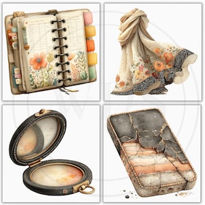 K&ouml;nnte beinhalten: Vier Aquarellillustrationen. Oben links: ein Spiralbuch mit floralen Designs. Oben rechts: ein cremefarbener Schal mit orangefarbenen Blumenmustern. Unten links: ein schwarzer Kompaktspiegel. Unten rechts: ein rissiger, rechteckiger Gegenstand.