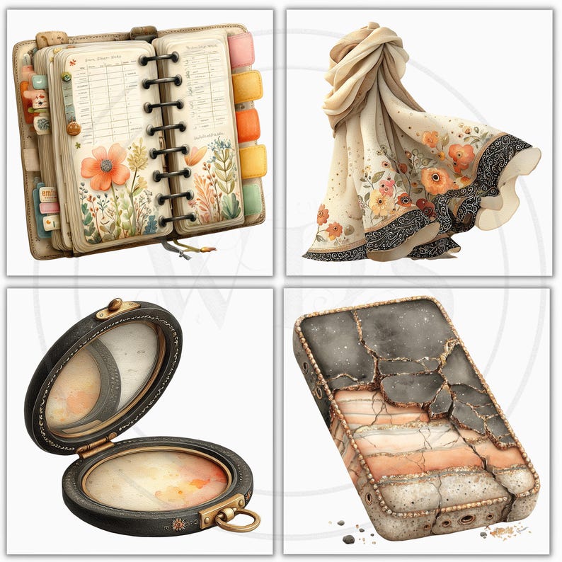 K&ouml;nnte beinhalten: Vier Aquarellillustrationen. Oben links: ein Spiralbuch mit floralen Designs. Oben rechts: ein cremefarbener Schal mit orangefarbenen Blumenmustern. Unten links: ein schwarzer Kompaktspiegel. Unten rechts: ein rissiger, rechteckiger Gegenstand.