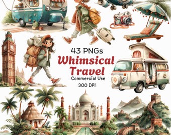 Travel & Adventure Clipart: Süße, skurrile Grafik (Digitaler Download - 43 PNGs)