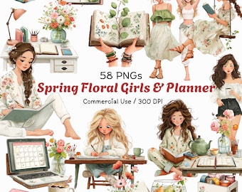Könnte beinhalten: Eine digitale Kunstsammlung mit dem Titel "Spring Floral Girls & Planner" mit Illustrationen von Frauen, Büchern, Blumen und Schreibwaren. Das Bild enthält den Text "58 PNGs" und "Commercial Use / 300 DPI". Das Kunstwerk hat einen Aquarellstil mit sanften Farben.