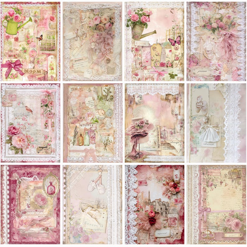 Pink Lace Shabby Chic Printable Junk Journal Pages, Vintage Floral ...