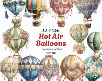 Heißluftballon Clipart: Vintage Grafiken (Digitaler Download - 32 PNGs)