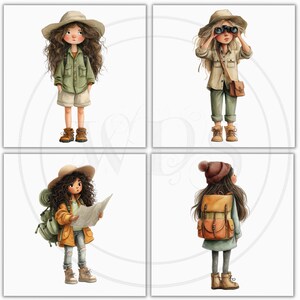 K&ouml;nnte beinhalten: Vier Aquarellillustrationen junger Entdecker. Jede Figur tr&auml;gt einen Safarihut, ein khakifarbenes Hemd und Stiefel. Einer h&auml;lt ein Fernglas, ein anderer eine Karte und einer einen Rucksack. Die Farbpalette umfasst Gr&uuml;n-, Braun- und Beiget&ouml;ne.