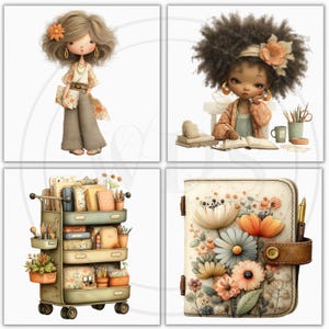K&ouml;nnte beinhalten: Vier skurrile Illustrationen: eine puppenartige Figur, eine Schriftstellerin, ein Rollwagen voller Schreibwaren und ein florales Notizbuch. Die Farbpalette umfasst sanfte Pastellt&ouml;ne mit floralen und botanischen Elementen.