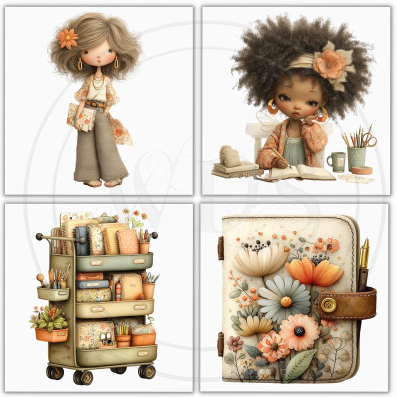 K&ouml;nnte beinhalten: Vier skurrile Illustrationen: eine puppenartige Figur, eine Schriftstellerin, ein Rollwagen voller Schreibwaren und ein florales Notizbuch. Die Farbpalette umfasst sanfte Pastellt&ouml;ne mit floralen und botanischen Elementen.