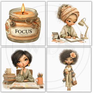 K&ouml;nnte beinhalten: Vier quadratische Bilder mit Illustrationen von Frauen. Eines zeigt eine Kerze in einem Glas mit dem Wort "FOCUS". Die anderen drei zeigen Frauen in verschiedenen Umgebungen, darunter beim Schreiben, Lernen und Halten einer Kaffeetasse. Die Illustrationen sind im Aquarellstil gehalten.