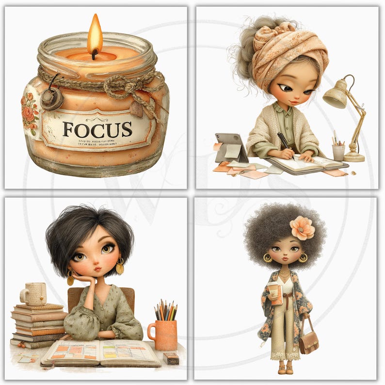 K&ouml;nnte beinhalten: Vier quadratische Bilder mit Illustrationen von Frauen. Eines zeigt eine Kerze in einem Glas mit dem Wort "FOCUS". Die anderen drei zeigen Frauen in verschiedenen Umgebungen, darunter beim Schreiben, Lernen und Halten einer Kaffeetasse. Die Illustrationen sind im Aquarellstil gehalten.