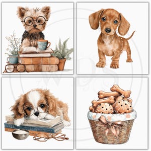 May include: Four square illustrations featuring adorable dogs. One shows a Yorkshire Terrier with glasses, books, and a mug. Another depicts a Dachshund puppy. A Cavalier King Charles Spaniel with glasses rests on books. The last shows a basket of dog treats.