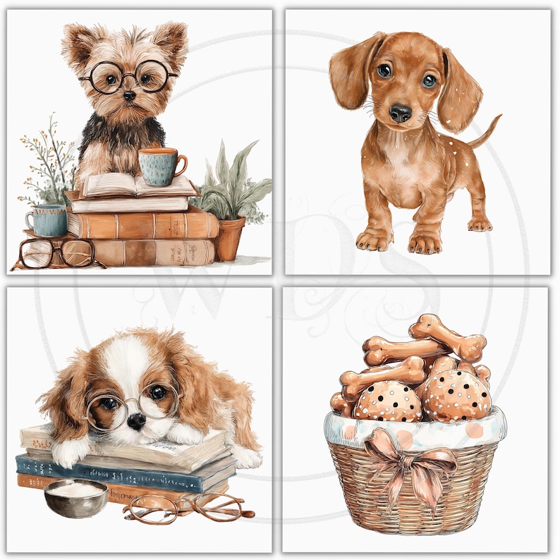 May include: Four square illustrations featuring adorable dogs. One shows a Yorkshire Terrier with glasses, books, and a mug. Another depicts a Dachshund puppy. A Cavalier King Charles Spaniel with glasses rests on books. The last shows a basket of dog treats.
