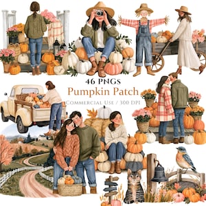 Puede incluir: Una colección digital de 46 ilustraciones PNG titulada Pumpkin Patch, que muestra personas con ropa de otoño, calabazas, un camión antiguo, un gato, un pájaro y paisajes rurales, diseñada para uso comercial a 300 DPI de resolución.