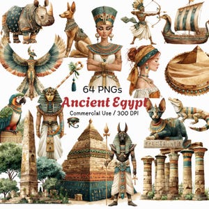 May include: A collection of watercolor illustrations featuring Ancient Egyptian themes. The image includes depictions of pharaohs, animals, pyramids, and other cultural elements. The text in the image reads "64 PNGs Ancient Egypt Commercial Use / 300 DPI."