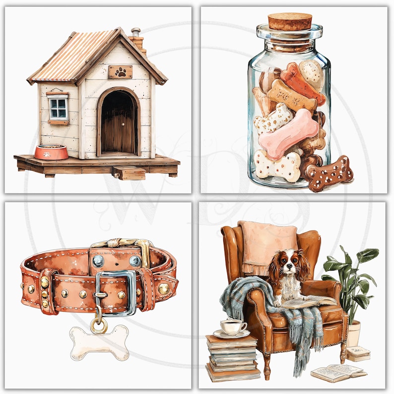 May include: Watercolor illustrations of dog-themed items. Includes a dog house, a glass jar filled with dog treats, a brown leather dog collar with a bone-shaped tag, and a dog sitting in a leather armchair.