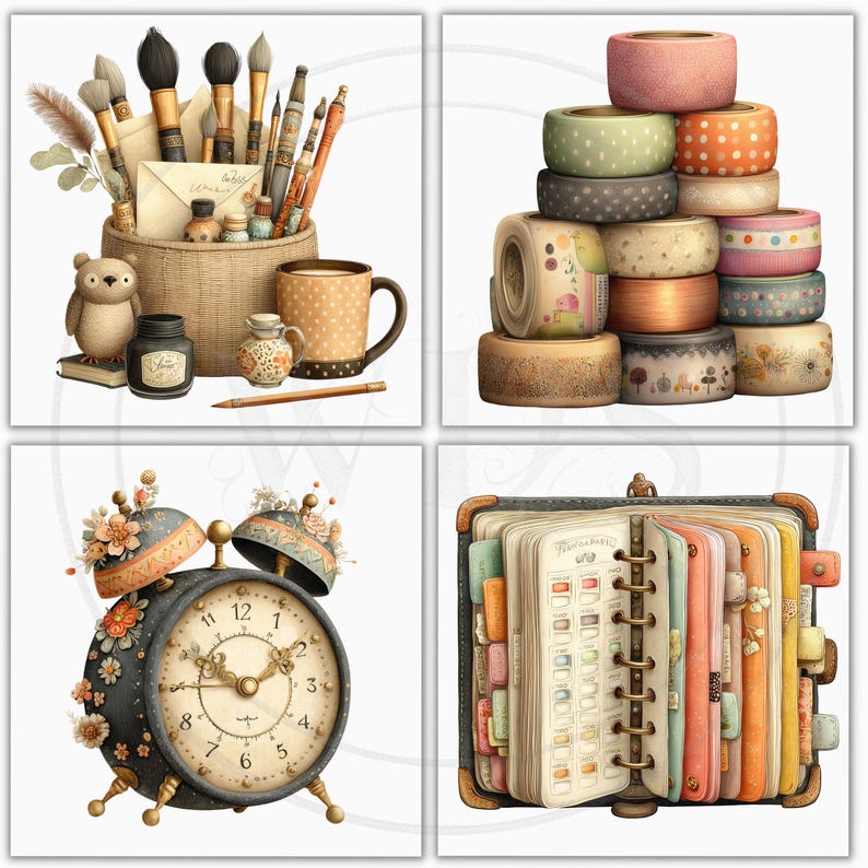 K&ouml;nnte beinhalten: Eine Sammlung von Kunst- und Schreibwaren. Enth&auml;lt Pinsel, eine Tasse, einen Teddyb&auml;ren, Tintenf&auml;sser, dekorative Klebebandrollen, einen Vintage-Wecker und einen Planer. Die Artikel sind auf wei&szlig;em Hintergrund angeordnet.