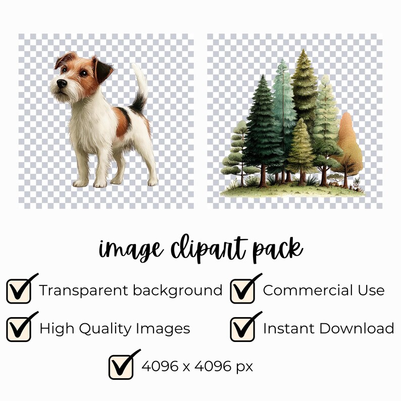 K&ouml;nnte beinhalten: Clipart-Paket mit einem Jack Russell Terrier-Hund und einer Aquarellillustration eines Waldes mit verschiedenen B&auml;umen. Das Paket enth&auml;lt transparente Hintergr&uuml;nde, hochwertige Bilder, kommerzielle Nutzung und sofortigen Download. Die Bildgr&ouml;&szlig;e betr&auml;gt 4096 x 4096 px.