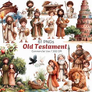 May include: A collection of 61 PNG images featuring watercolor illustrations of scenes and characters from the Old Testament. The images include depictions of biblical figures, animals, and architectural elements, with the text "Old Testament" and "Commercial Use / 300 DPI".